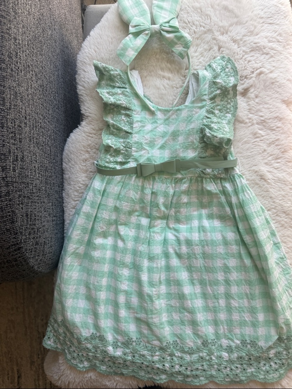 Cynthia Rowley 5/6 Mint Gingham Ruffle Bow Kids Dress with Headband